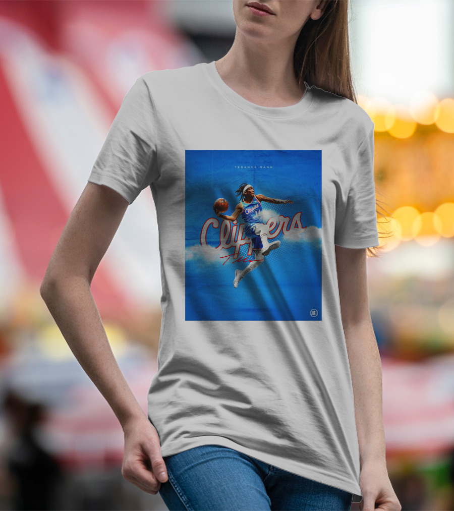 Terance Mann Clippers Basketball Motion Dribble Blue Clouds T-Shirt