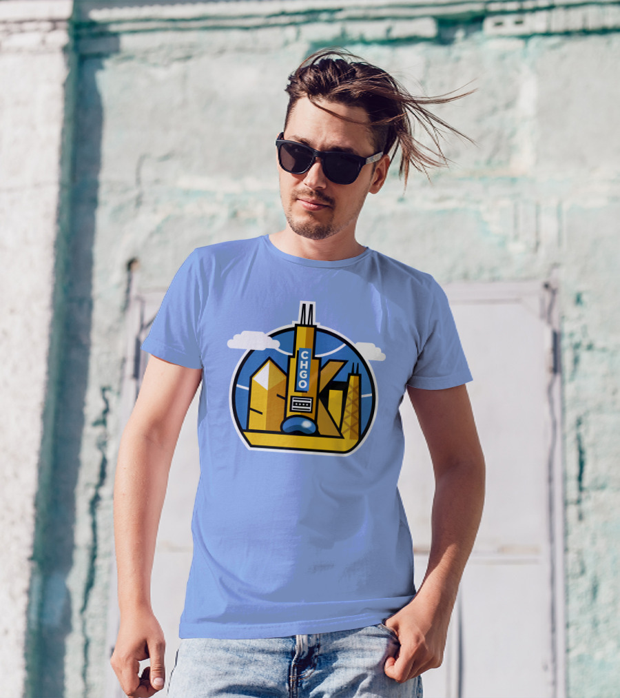 CHGO Skyline Blue Skies Sports Icon With Landmarks T-Shirt