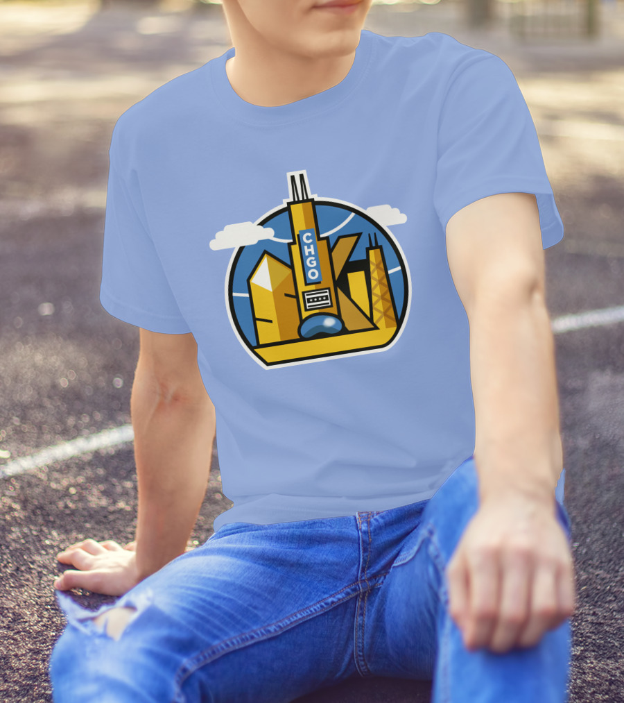 CHGO Skyline Blue Skies Sports Icon With Landmarks T-Shirt