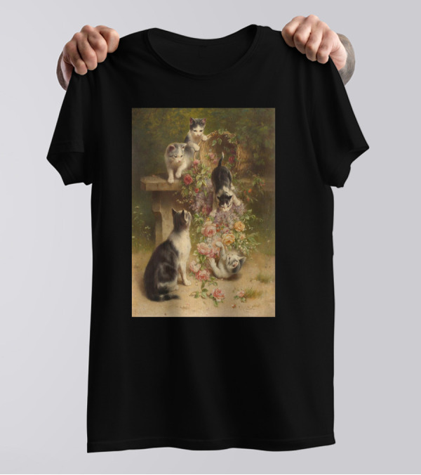 Cats And Flowers Playing On A Bench By Carl Reichert T-Shirt