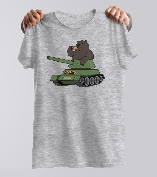 Bear Eating Pizza On A Tank With Hank Text T-Shirt
