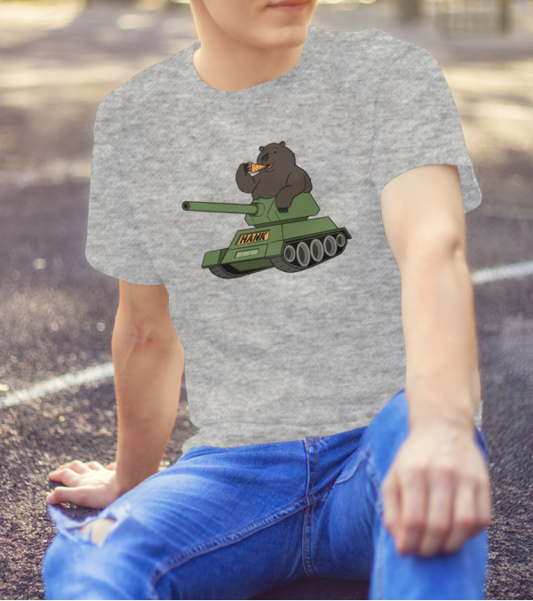 Bear Eating Pizza On A Tank With Hank Text T-Shirt