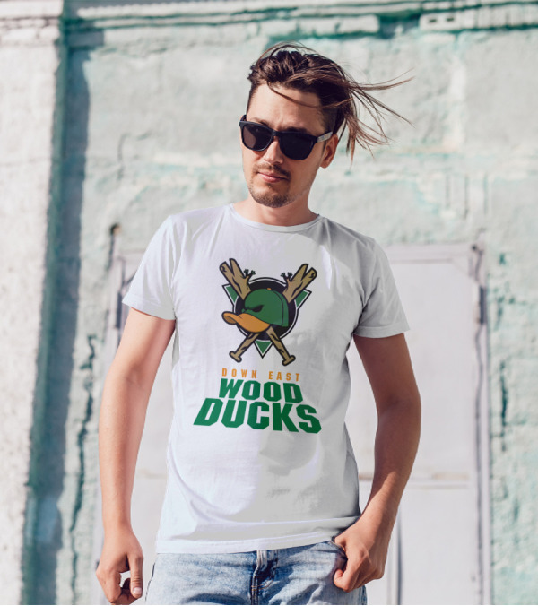 Down East Wood Ducks Baseball Logo With Crossed Bats And Duck Cap T-Shirt