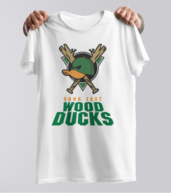 Down East Wood Ducks Baseball Logo With Crossed Bats And Duck Cap T-Shirt