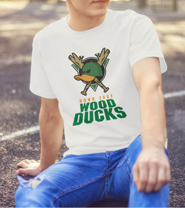 Down East Wood Ducks Baseball Logo With Crossed Bats And Duck Cap T-Shirt