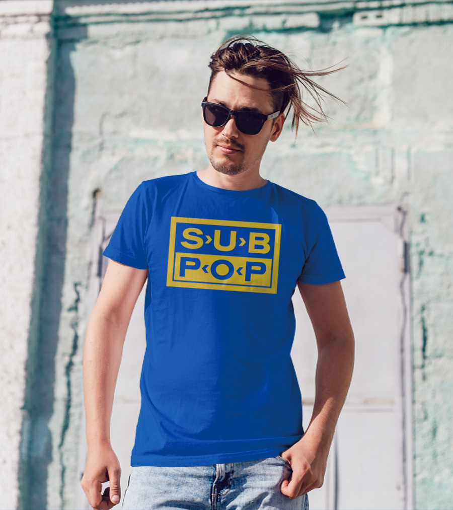 Sub Pop Records Megamart Store Logo Blue Background T-Shirt