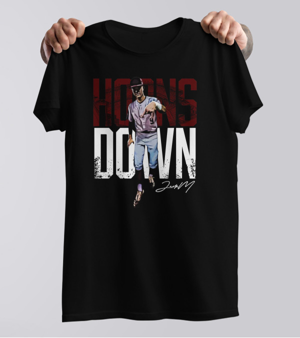 Fanarch Store Horns Down Jack Moss Signature Baseball Pose T-Shirt