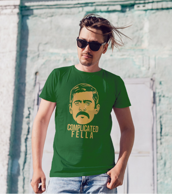 Complicated Fella Graphic With Mustache On Green Background T-Shirt