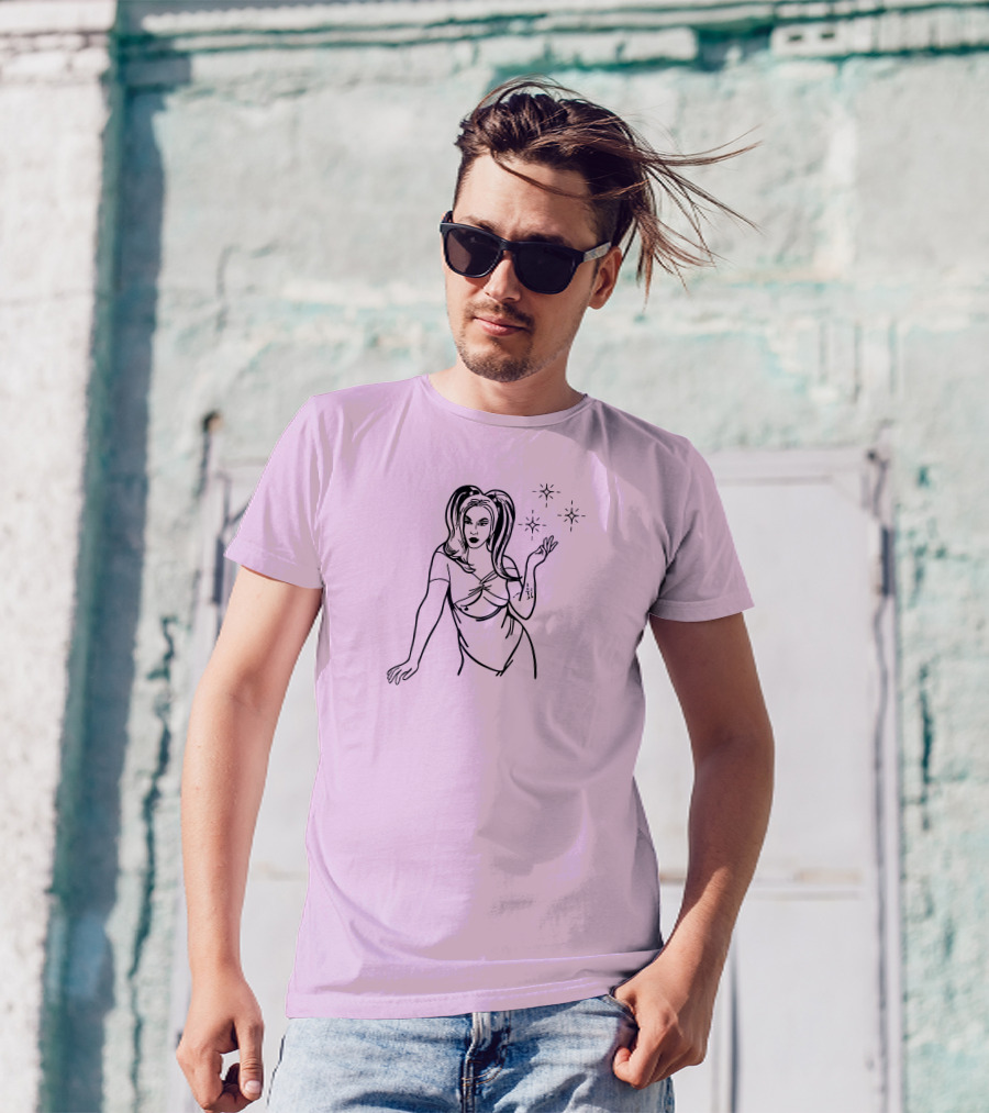 Chrissy Chlapecka Sketch With Stars On Pink Background T-Shirt