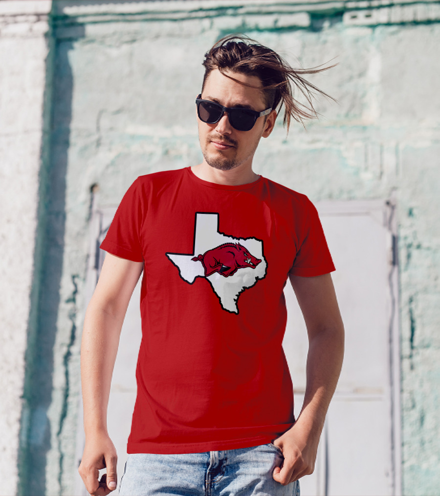 Arkansas Razorbacks Strong Hog Over Texas Map T-Shirt