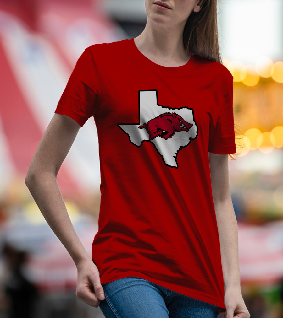 Arkansas Razorbacks Strong Hog Over Texas Map T-Shirt