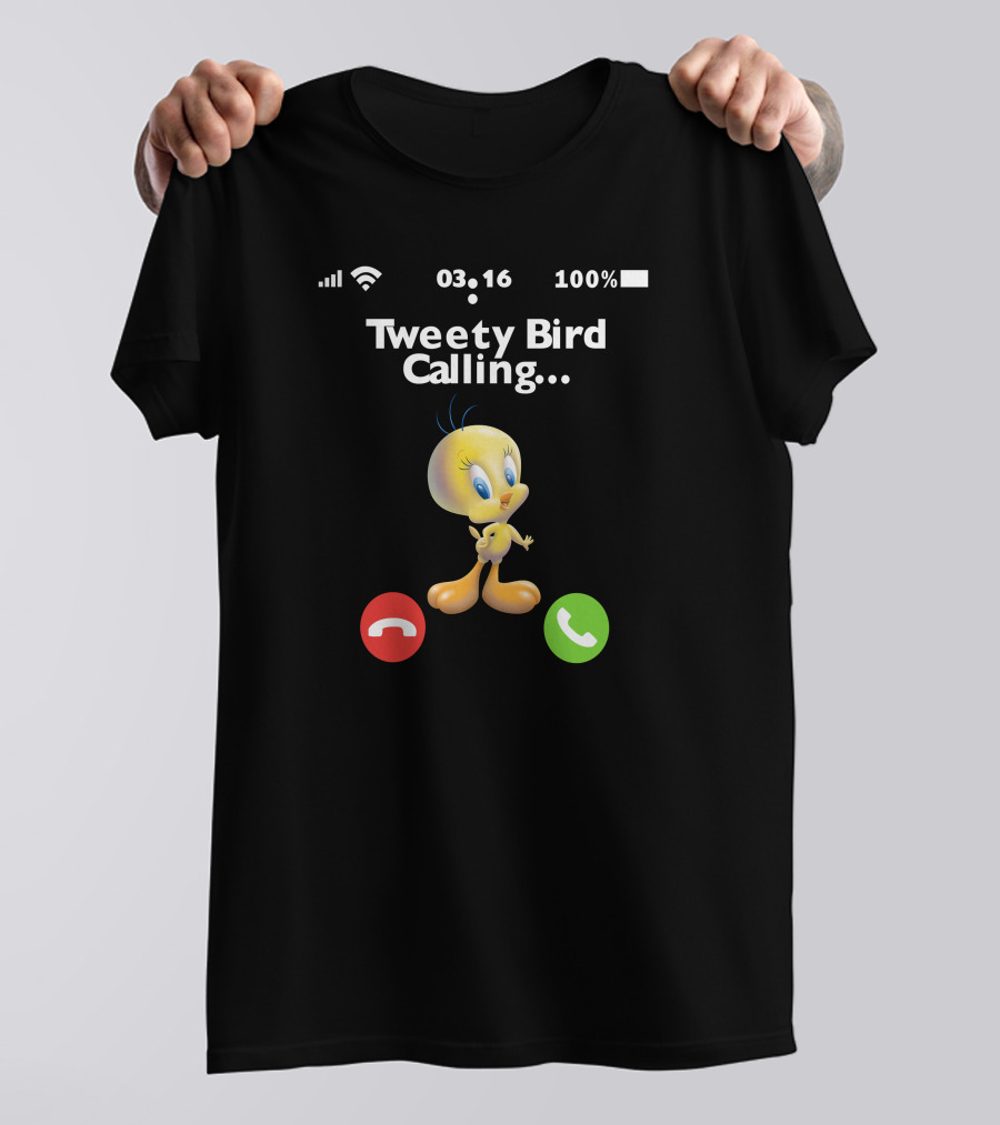 Tweety Bird Calling Incoming Call Icon 100 Percent Battery WiFi Time 03 16 T-Shirt