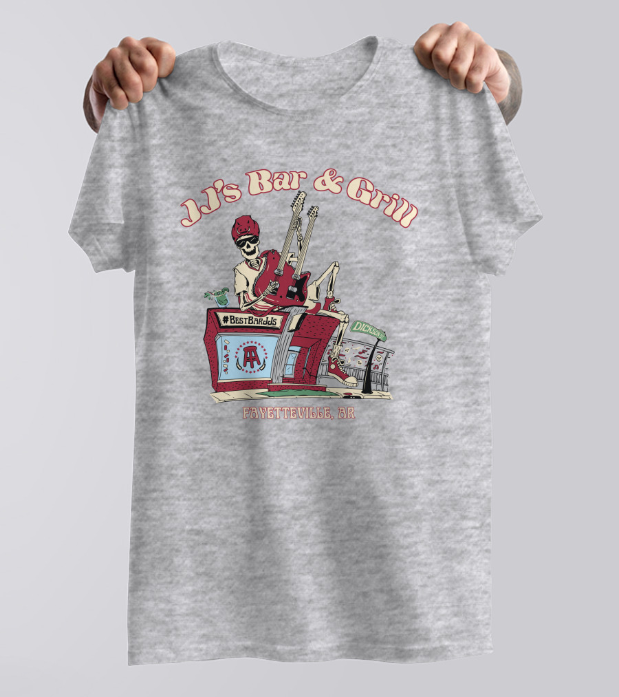JJ's Bar And Grill Fayetteville AR Best Barstools Skeleton Playing Guitar T-Shirt