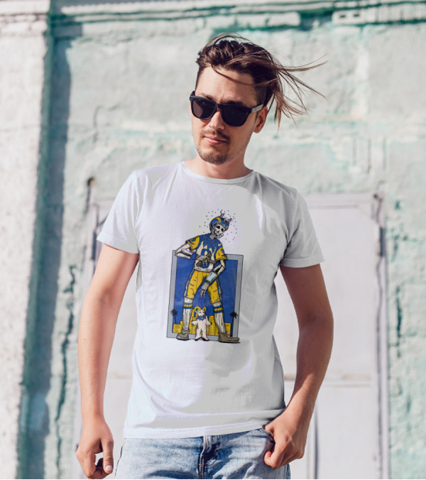 LA Skeleton Football Player Blue Gold Dog Helmet Cityscape T-Shirt