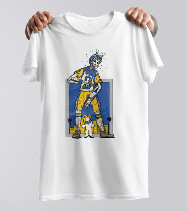 LA Skeleton Football Player Blue Gold Dog Helmet Cityscape T-Shirt