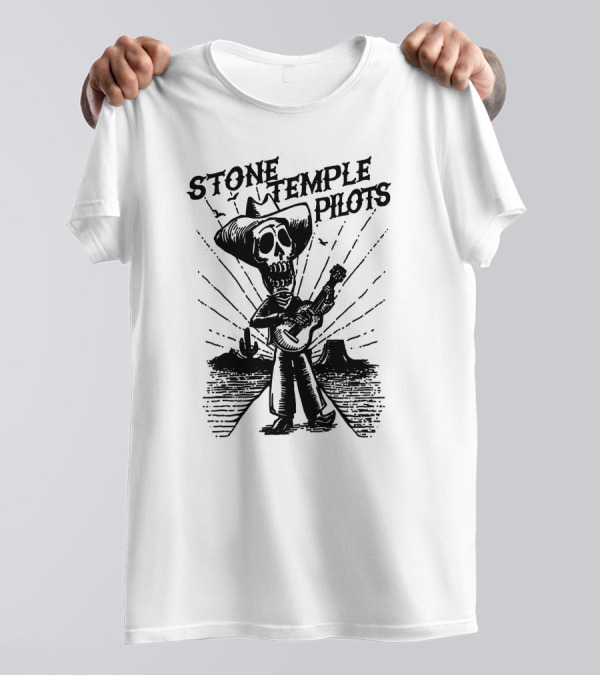 STONE TEMPLE PILOTS Skeleton Cowboy Playing Guitar Desert Scene T-Shirt