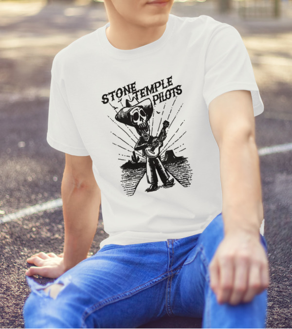 STONE TEMPLE PILOTS Skeleton Cowboy Playing Guitar Desert Scene T-Shirt