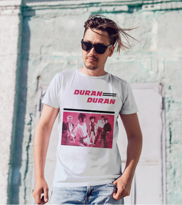 Duran Duran Band Photo With Stylized Logo And Pink Tone T-Shirt