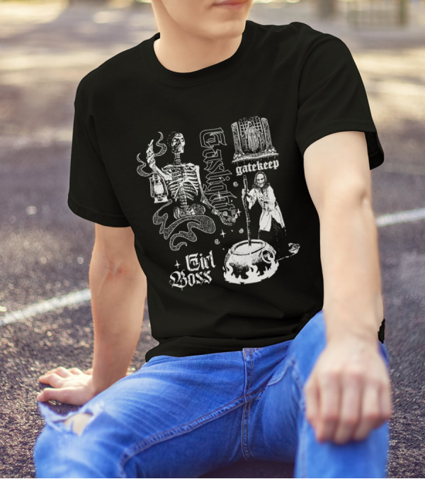 Gatekeep Gaslight Girl Boss Skeleton Witch Cauldron T-Shirt