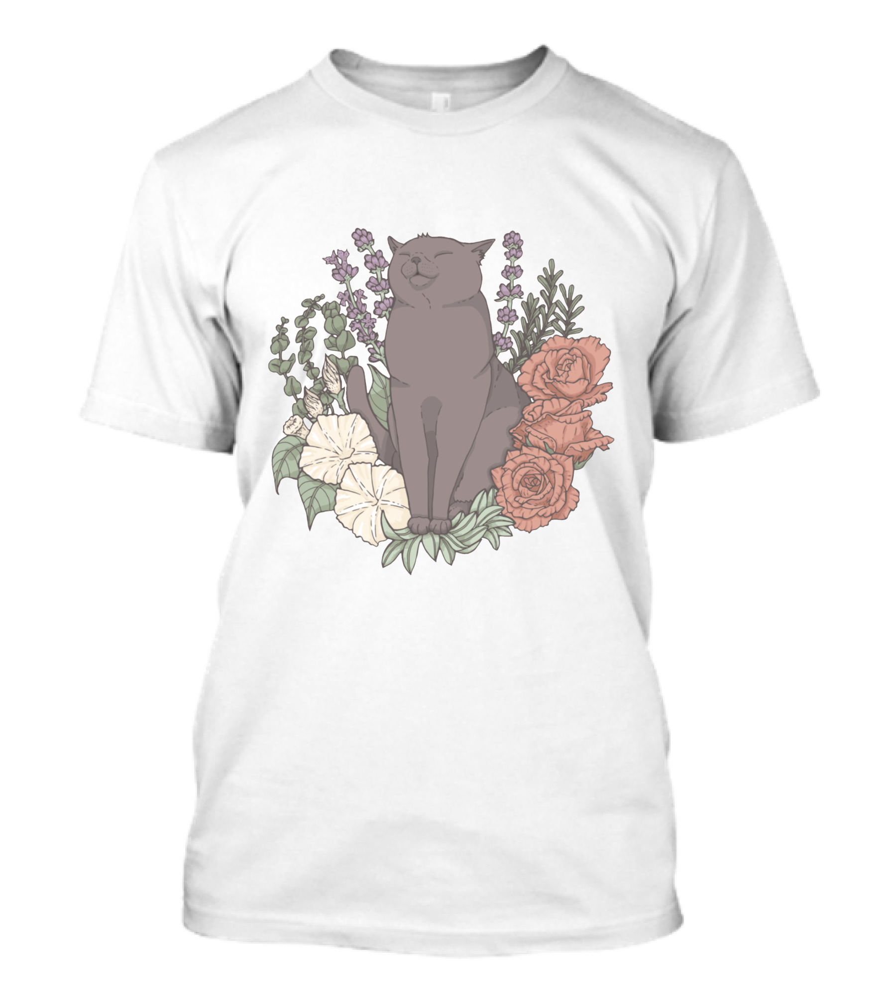 Blissful Cat Surrounded By Autumn Floral Breeze T-Shirt