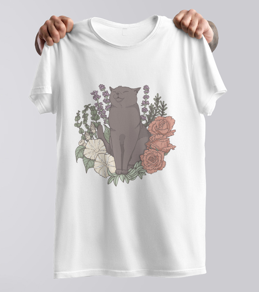 Blissful Cat Surrounded By Autumn Floral Breeze T-Shirt