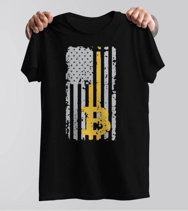 Bitcoin Logo On Distressed American Flag Background T-Shirt
