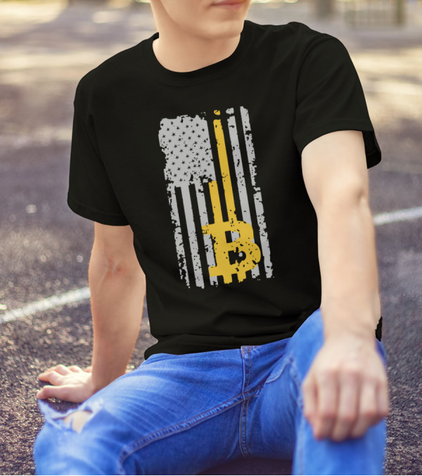 Bitcoin Logo On Distressed American Flag Background T-Shirt