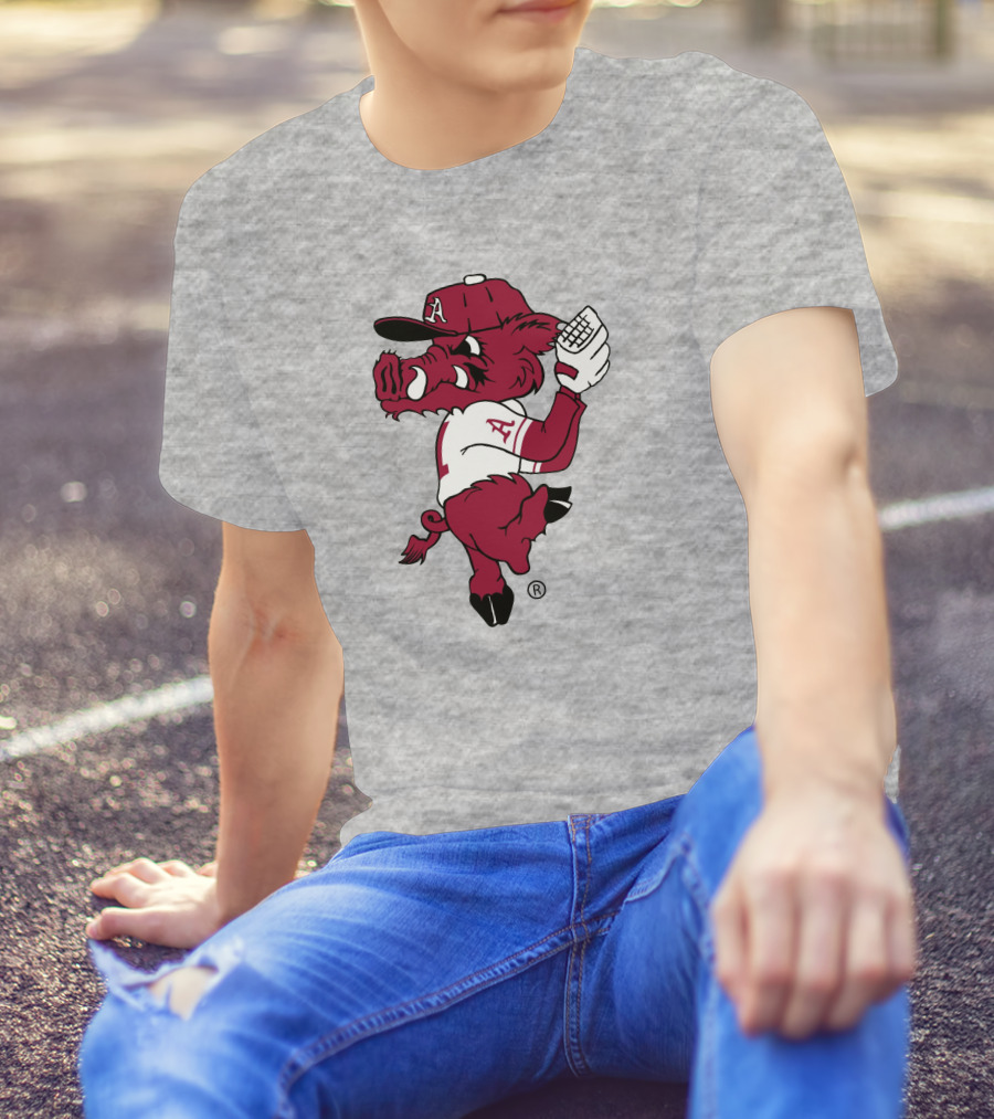 Razorbacks Pitching Ribby Baseball Cartoon Character T-Shirt