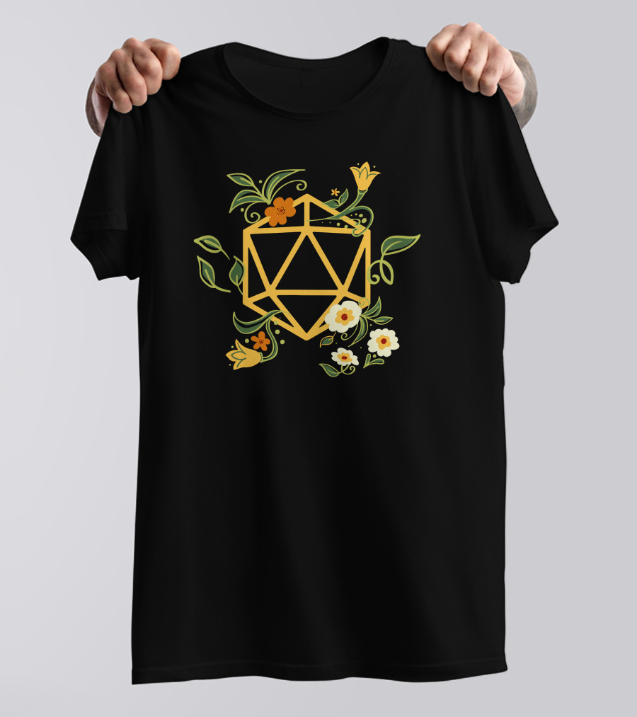 Geeky Polyhedral D20 Dice Set With Floral Plant Elements T-Shirt