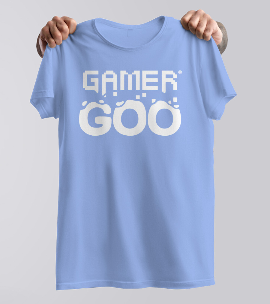 Gamer Goo Retro Pixel Font Blue Background T-Shirt