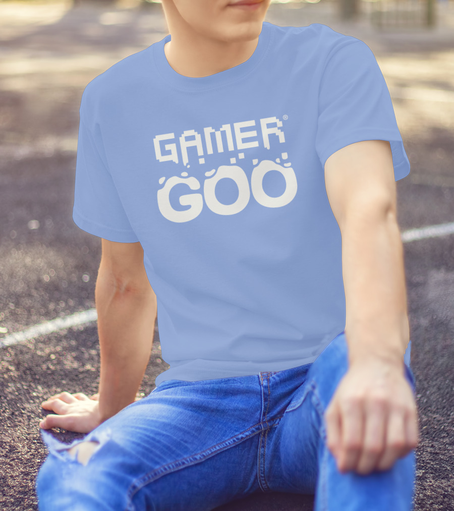Gamer Goo Retro Pixel Font Blue Background T-Shirt
