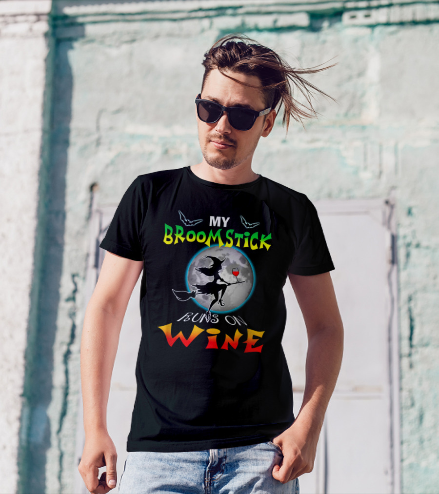 My Broomstick Runs On Wine Halloween Wine Lover Moon And Witch T-Shirt