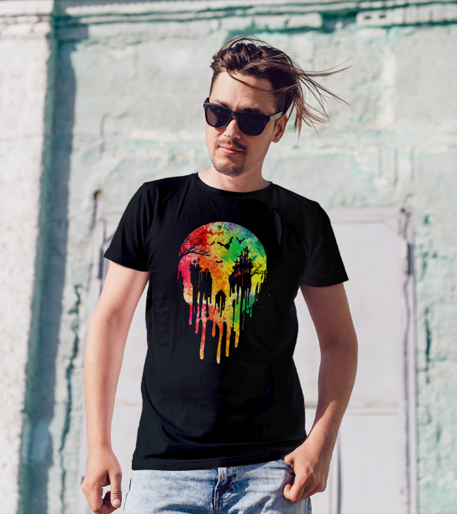 Melting Skull Colorful Night With Haunted Trees And Bats T-Shirt