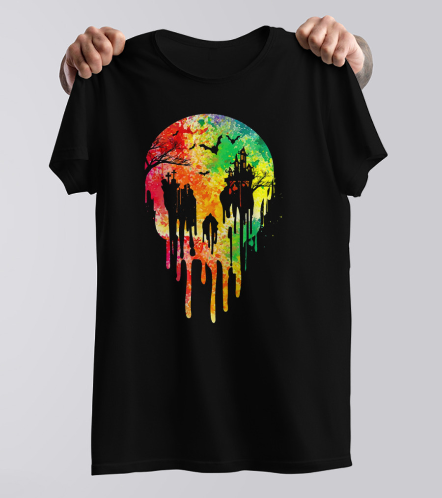 Melting Skull Colorful Night With Haunted Trees And Bats T-Shirt