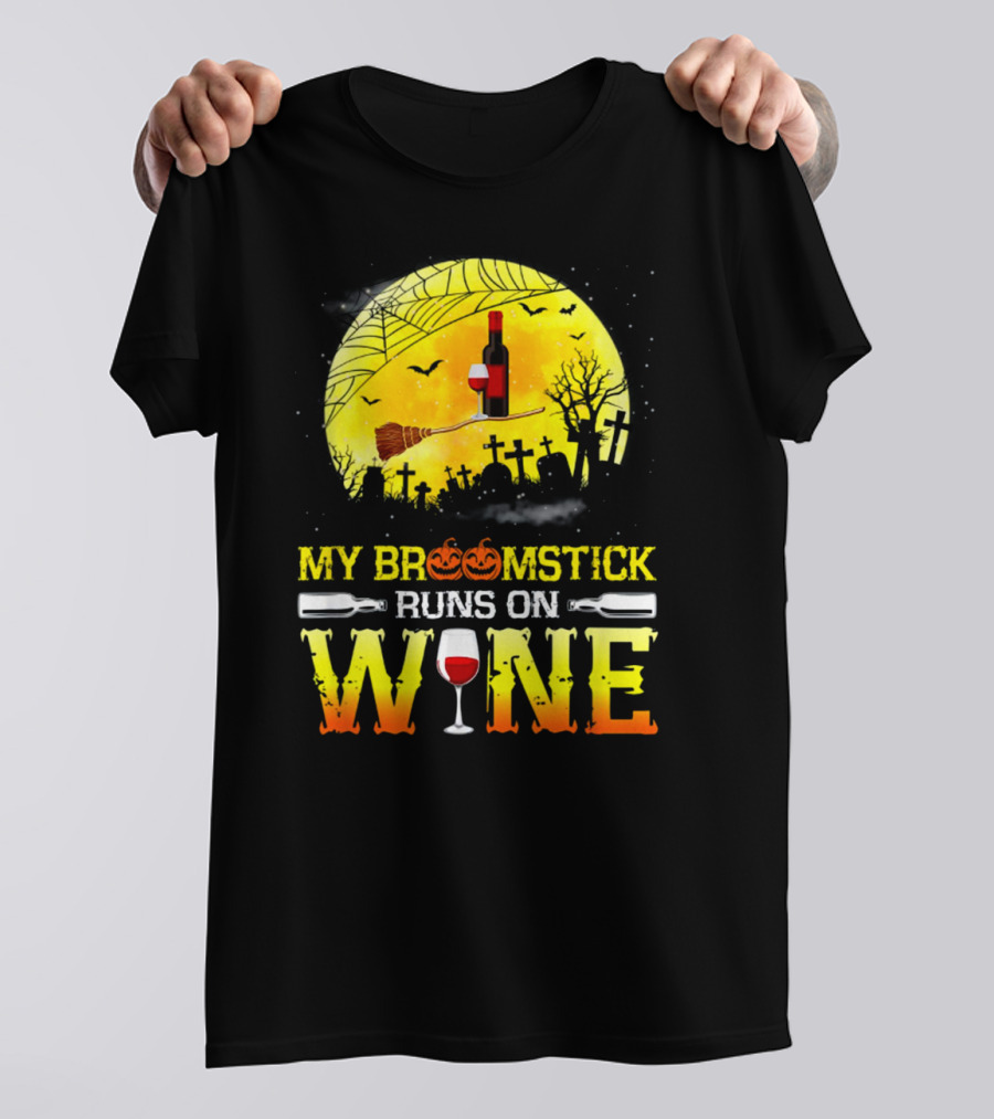 My Broomstick Runs On Wine Halloween Moon Pumpkins Graveyard Scene T-Shirt