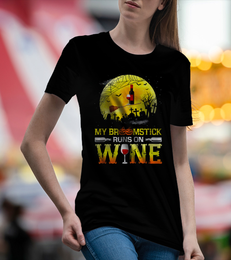 My Broomstick Runs On Wine Halloween Moon Pumpkins Graveyard Scene T-Shirt