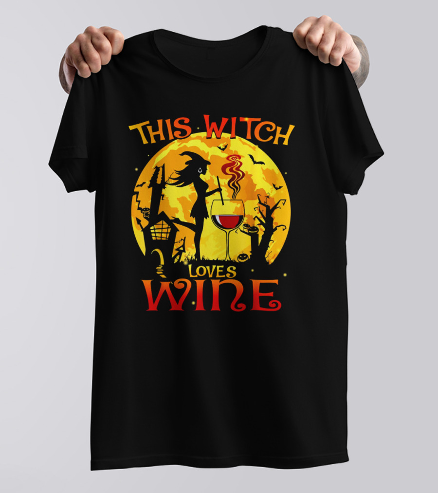 Witch Silhouette Enjoying Wine In Halloween Scene With Full Moon And Bats T-Shirt