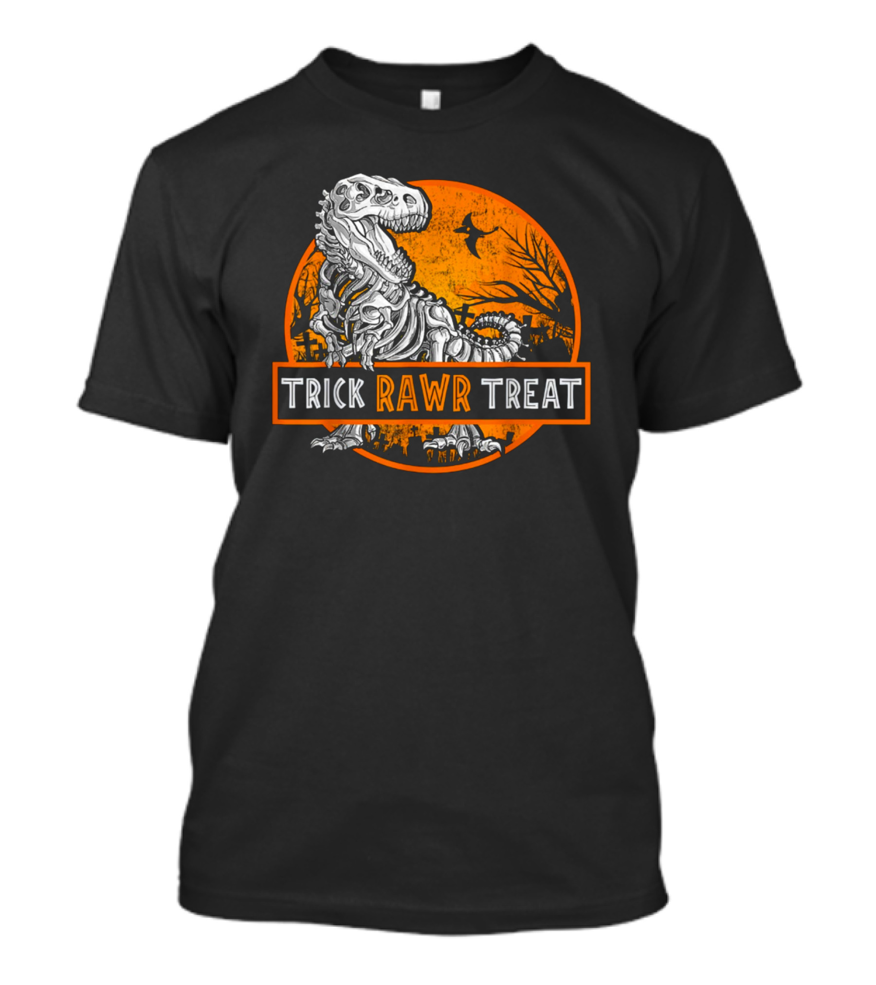 Trick Rawr Treat Halloween Skeleton T-Rex With Spooky Orange Background T-Shirt