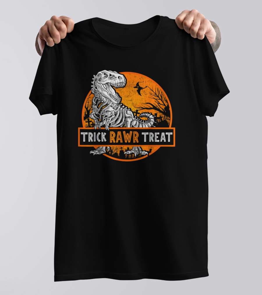 Trick Rawr Treat Halloween Skeleton T-Rex With Spooky Orange Background T-Shirt