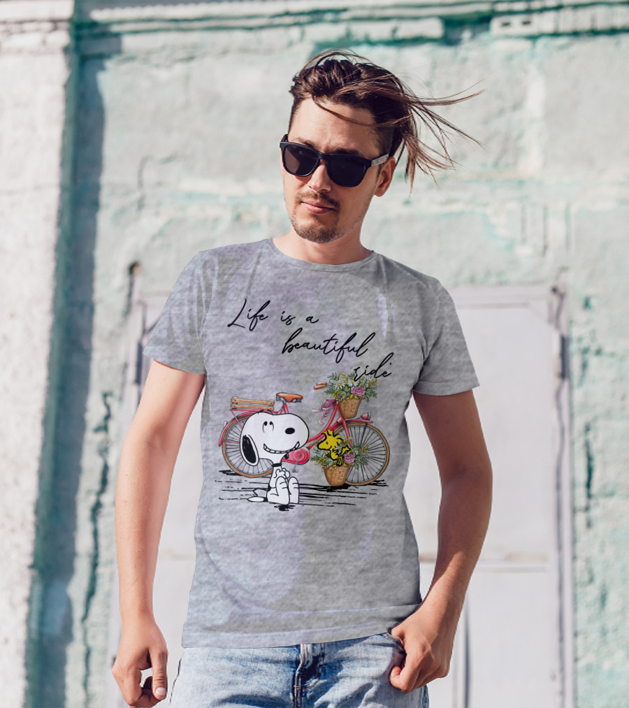 Life Is A Beautiful Ride With Snoopy And Woodstock On Floral Bicycle T-Shirt