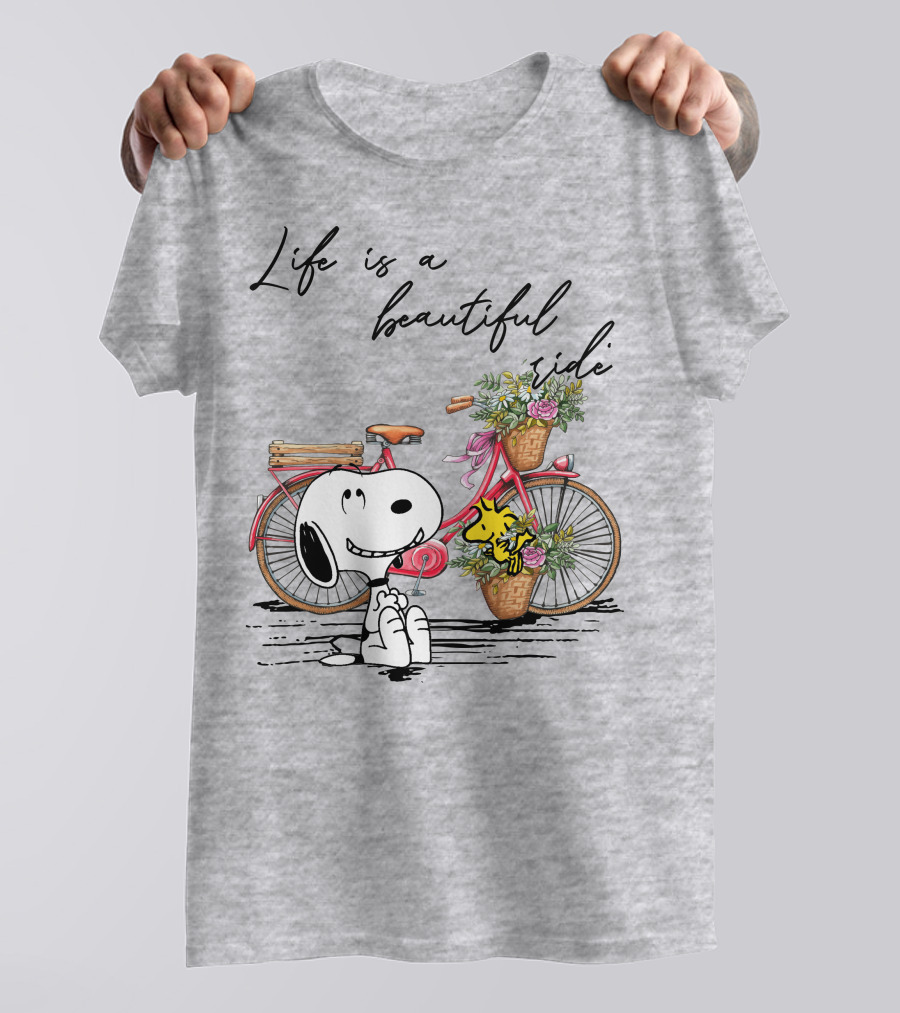 Life Is A Beautiful Ride With Snoopy And Woodstock On Floral Bicycle T-Shirt