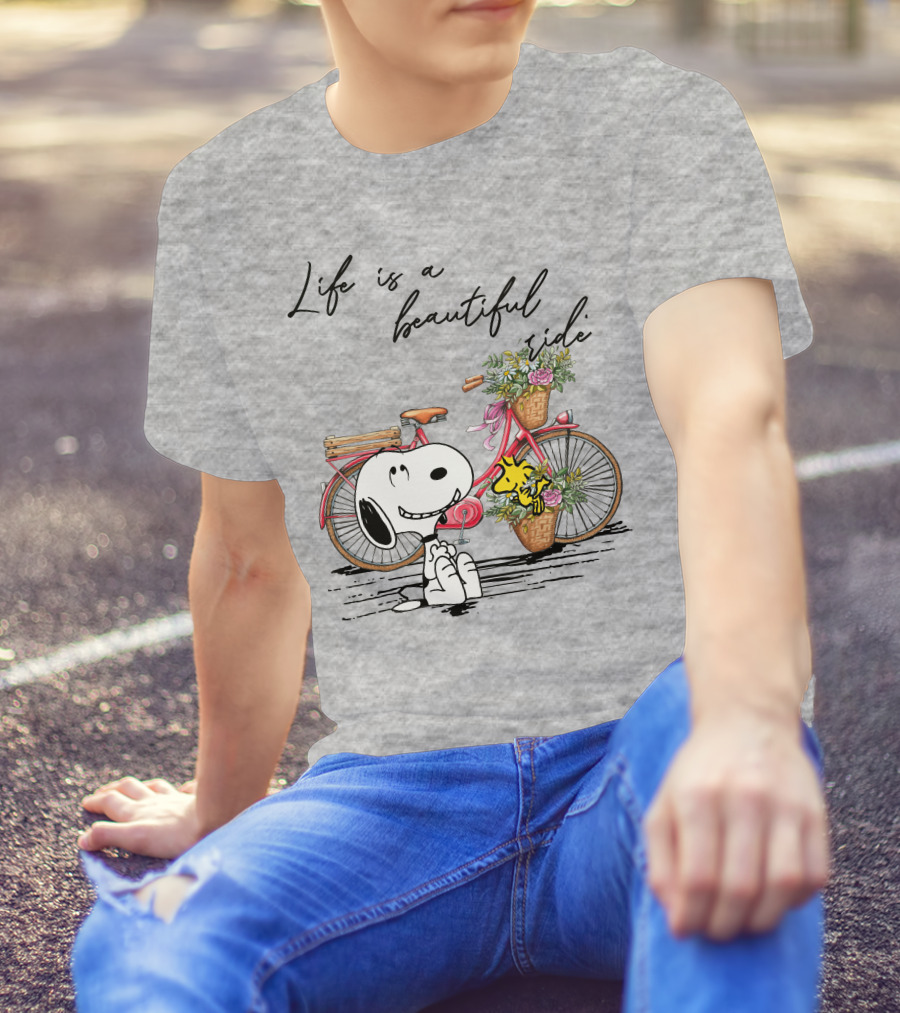 Life Is A Beautiful Ride With Snoopy And Woodstock On Floral Bicycle T-Shirt