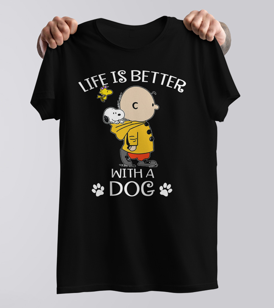 Life Is Better With A Dog Snoopy Charlie Brown Woodstock Paw Prints T-Shirt