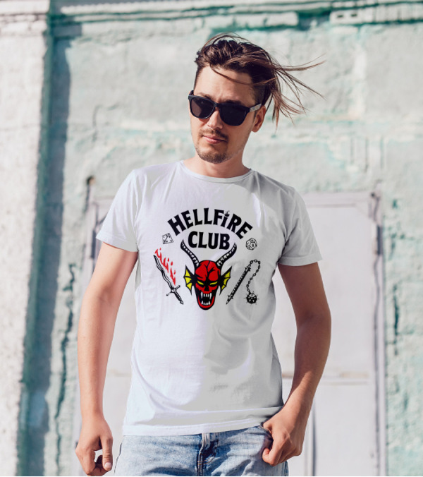 Mike Wheeler Hellfire Club Demon Sword Dice Dungeons Dragons Chains T-Shirt
