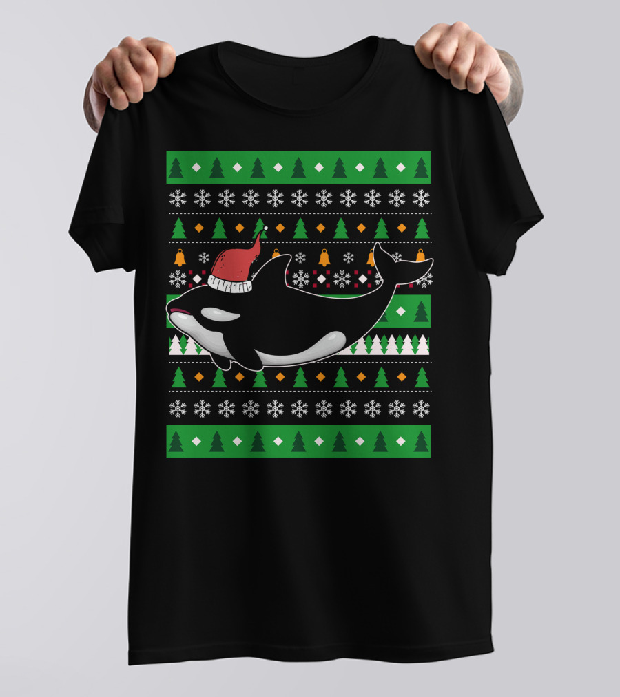 Orca Zookeeper Ugly Christmas Killer Whale Santa Hat Snowflakes Trees T-Shirt