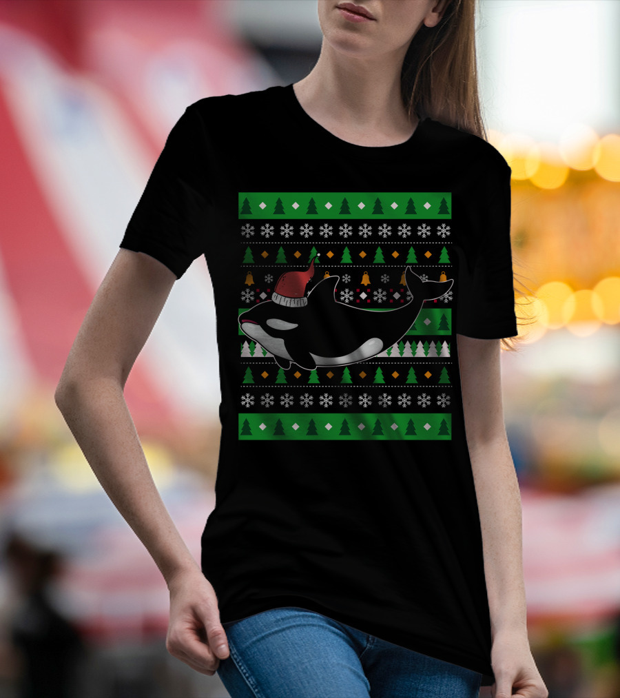 Orca Zookeeper Ugly Christmas Killer Whale Santa Hat Snowflakes Trees T-Shirt