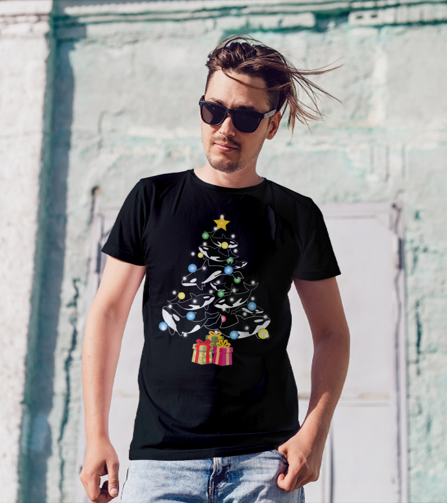 Christmas Orca Whales Tree With Gifts And Decorations T-Shirt