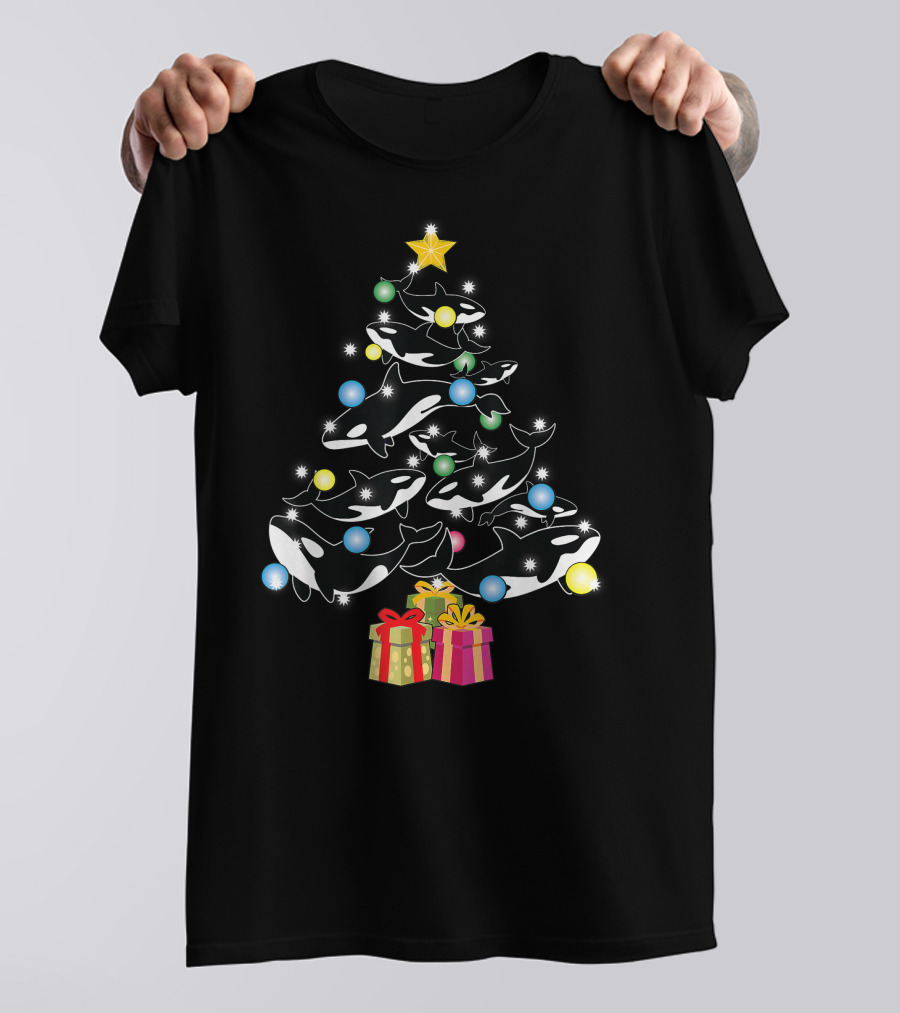 Christmas Orca Whales Tree With Gifts And Decorations T-Shirt