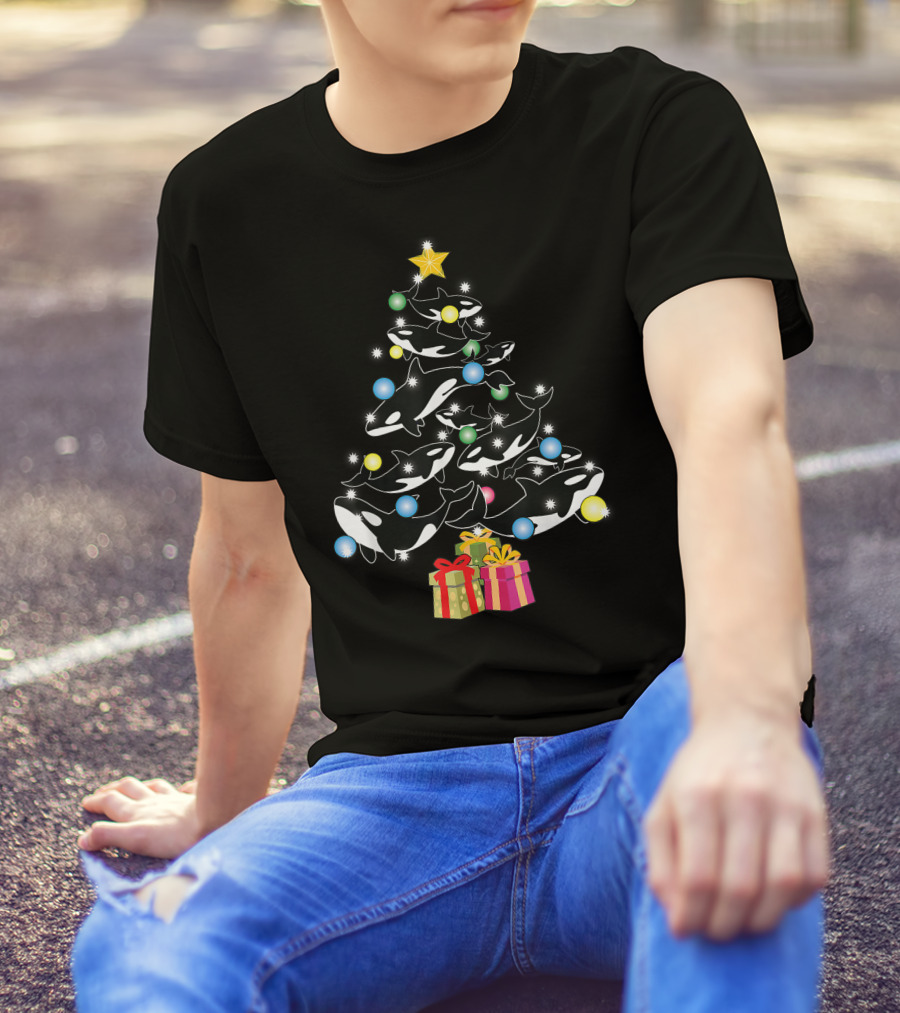 Christmas Orca Whales Tree With Gifts And Decorations T-Shirt