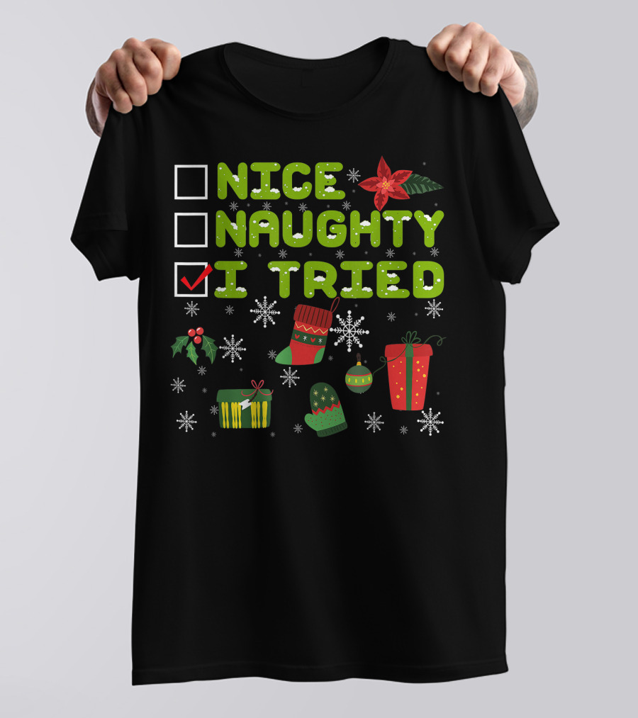 Nice Naughty I Tried Checklist Christmas Pajama With Holiday Icons T-Shirt